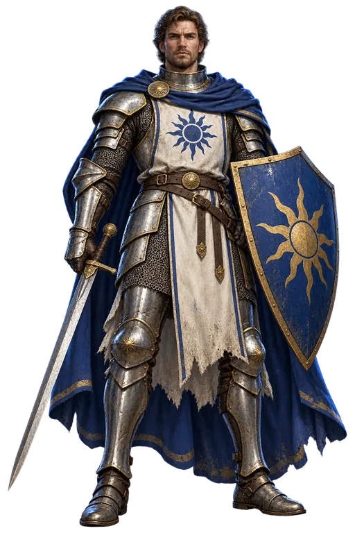 An Avalor man-at-arms in blue and gold armor