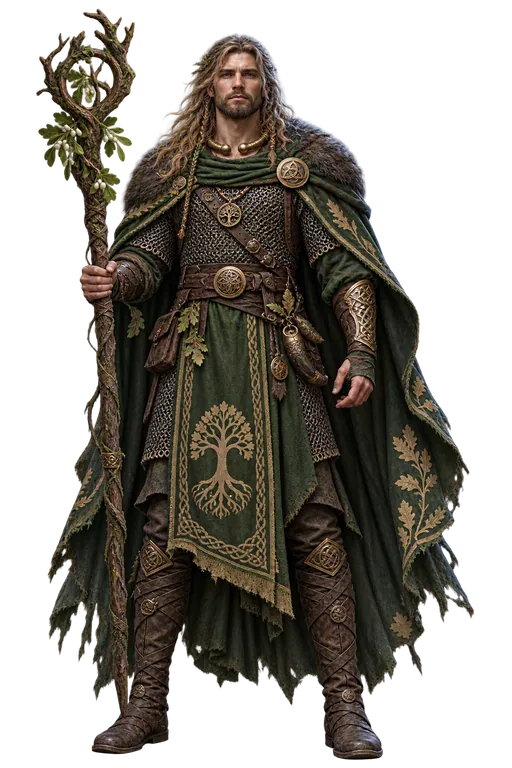 A Tír Glas druid in a green cloak
